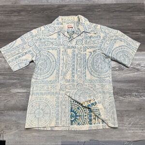 Vintage 60s Hawaiian Shirt Cotton Cream Blue Geometric Dagger Collar Mens Medium
